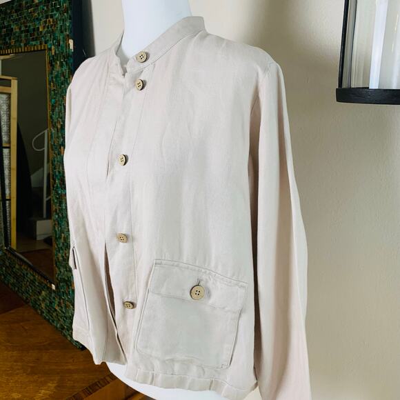 J. Jill Size M Petite Women's Linen Jacket Beige Button Front Lightweight - Picture 3 of 11